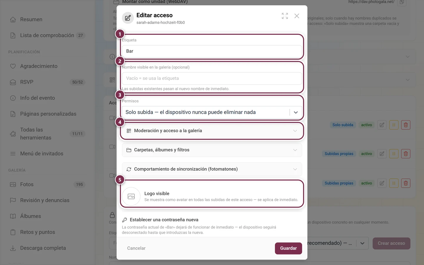 Diálogo Editar acceso con Etiqueta, Nombre visible, Permisos, los tres grupos de opciones, Logo visible y la sección Establecer contraseña nueva