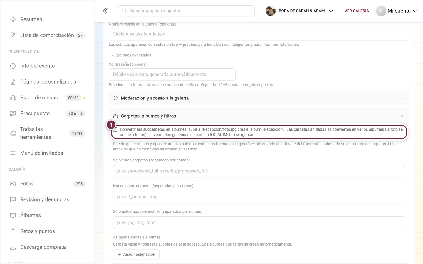 Casilla Crear álbumes a partir de subcarpetas arriba del todo en el grupo Carpetas, álbumes y filtros