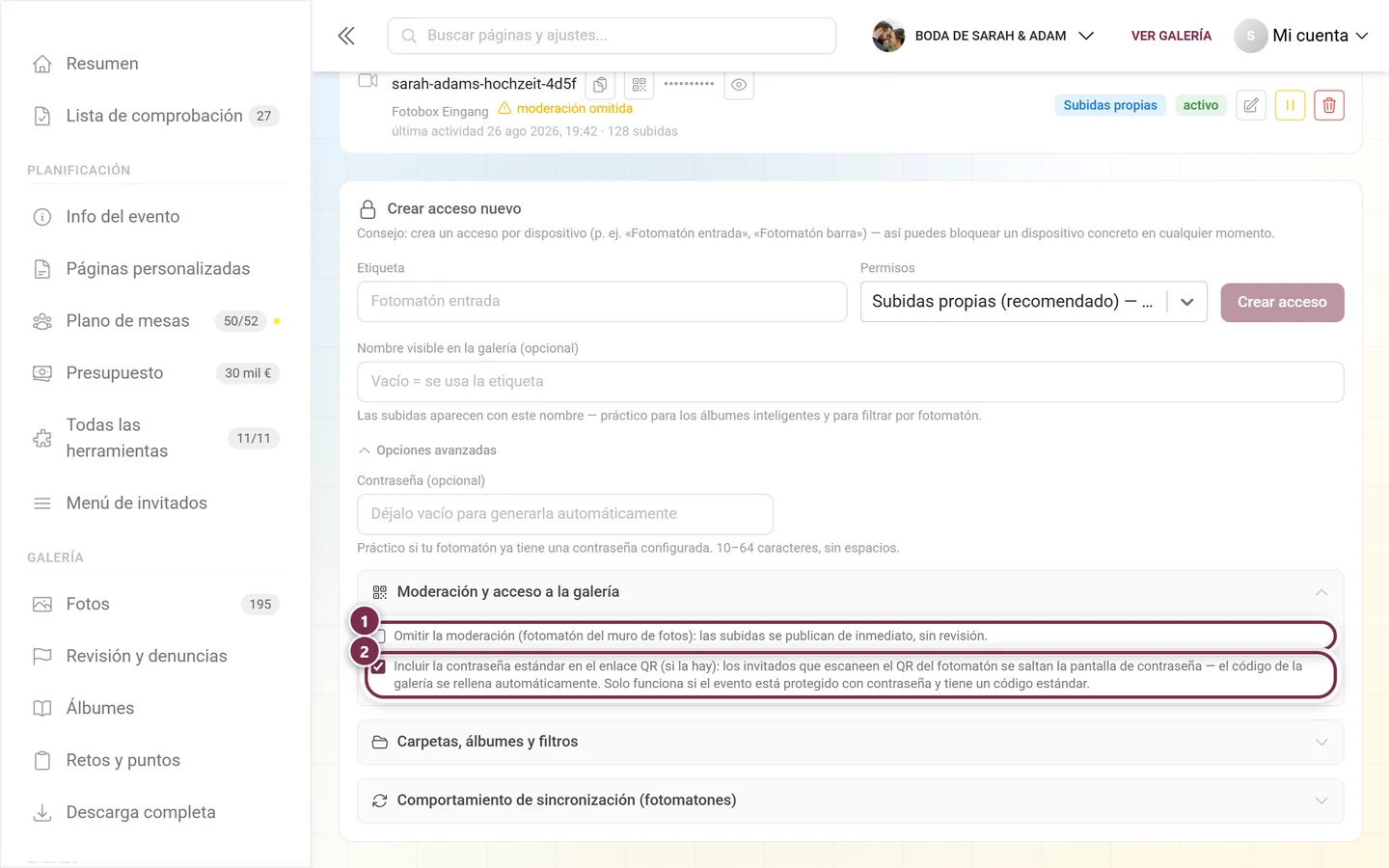 Grupo desplegado Moderación y acceso a la galería con dos casillas marcadas