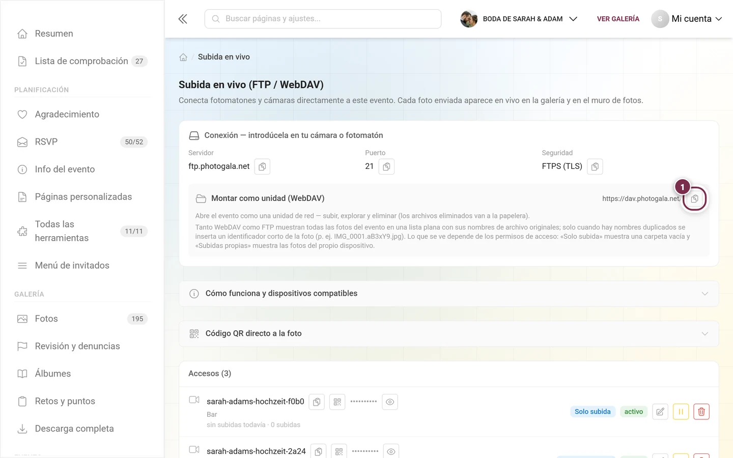 Línea Montar como unidad (WebDAV) con el botón de copiar marcado junto a la dirección