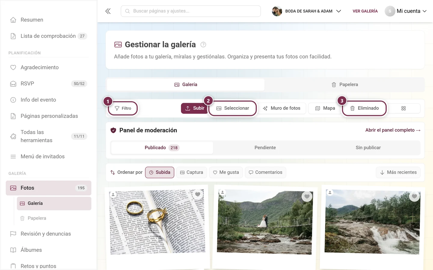Barra de acciones sobre la galería con los tres botones resaltados Filtro, Seleccionar y Eliminado