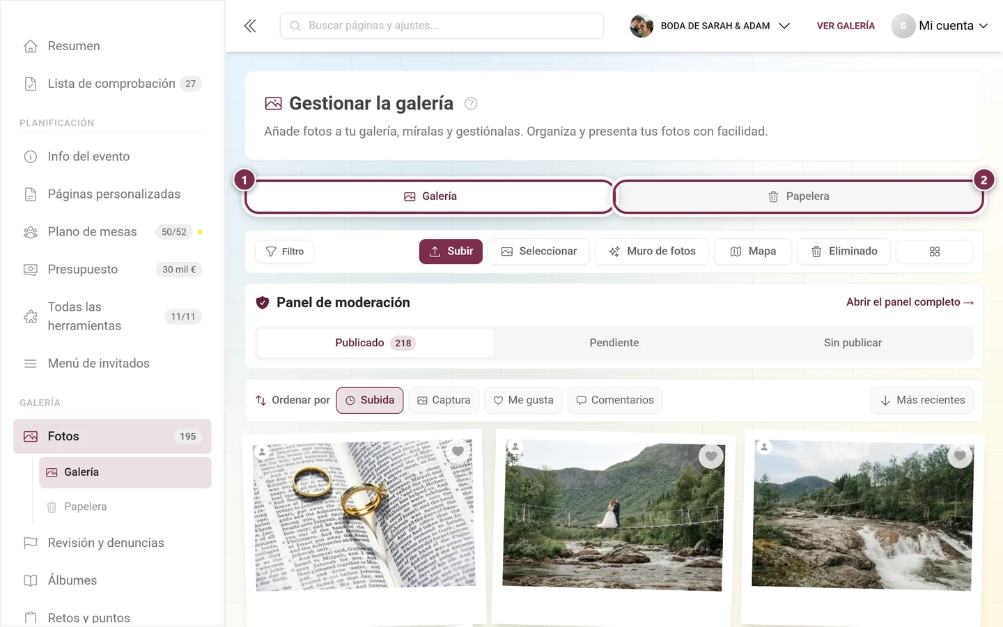 La barra de pestañas de la página con las pestañas Galería y Papelera resaltadas