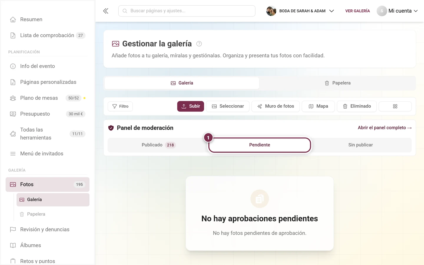 La pestaña Pendiente resaltada, debajo el estado vacío Sin aprobaciones pendientes