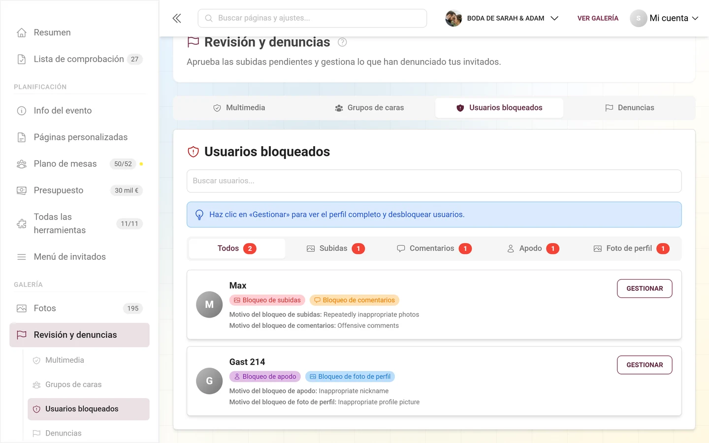 Pestaña Usuarios bloqueados con subpestañas y las personas bloqueadas con sus etiquetas de bloqueo