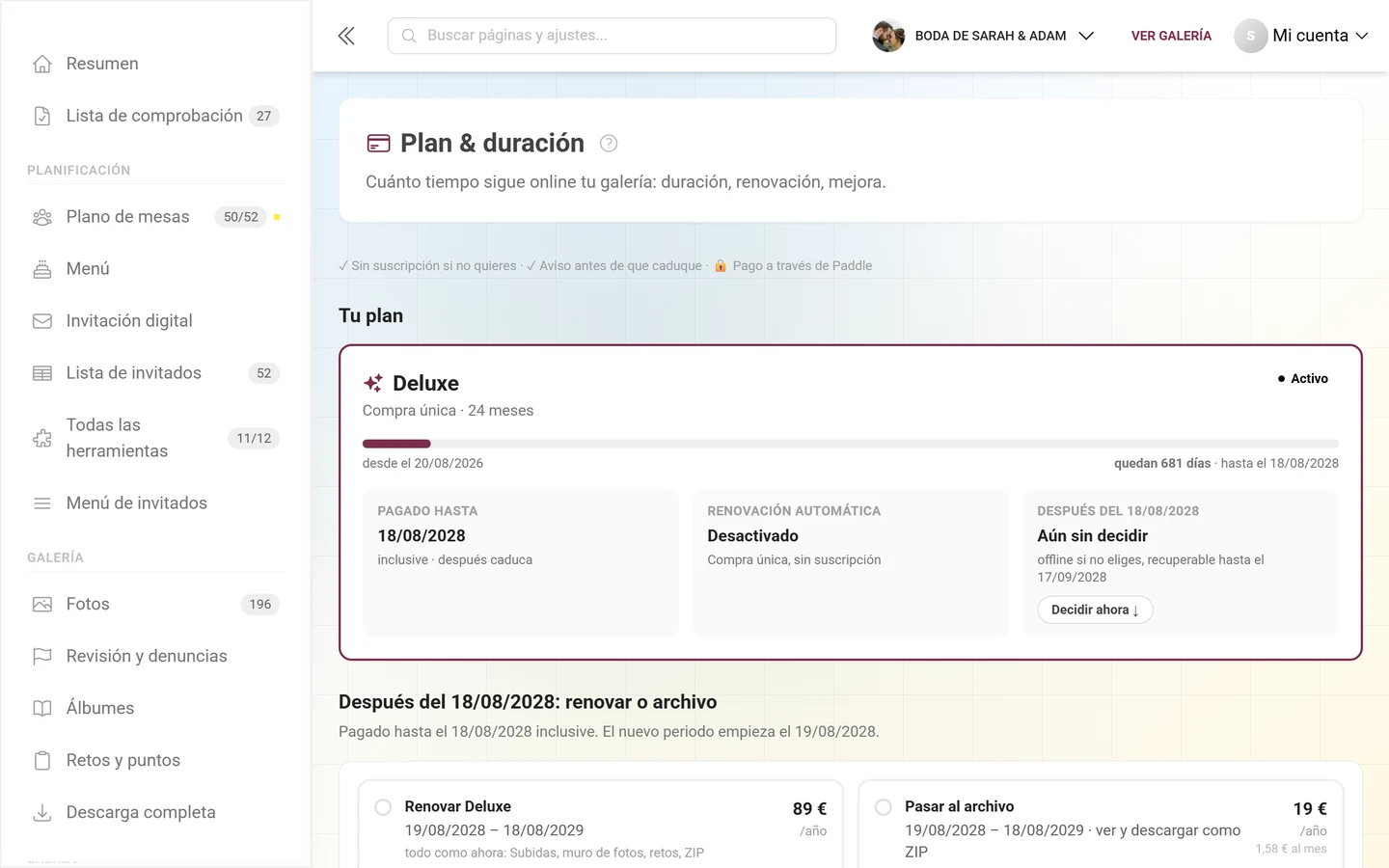 Apartado de planes con el plan actual y las funciones incluidas