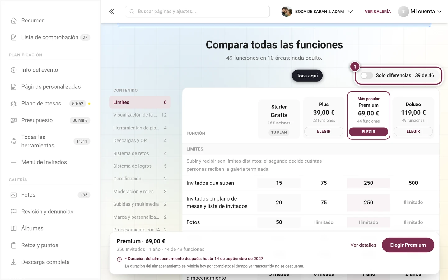 Bloque de mejora con la tabla comparativa: a la izquierda las funciones, a la derecha una columna por plan con precio y botón Elegir