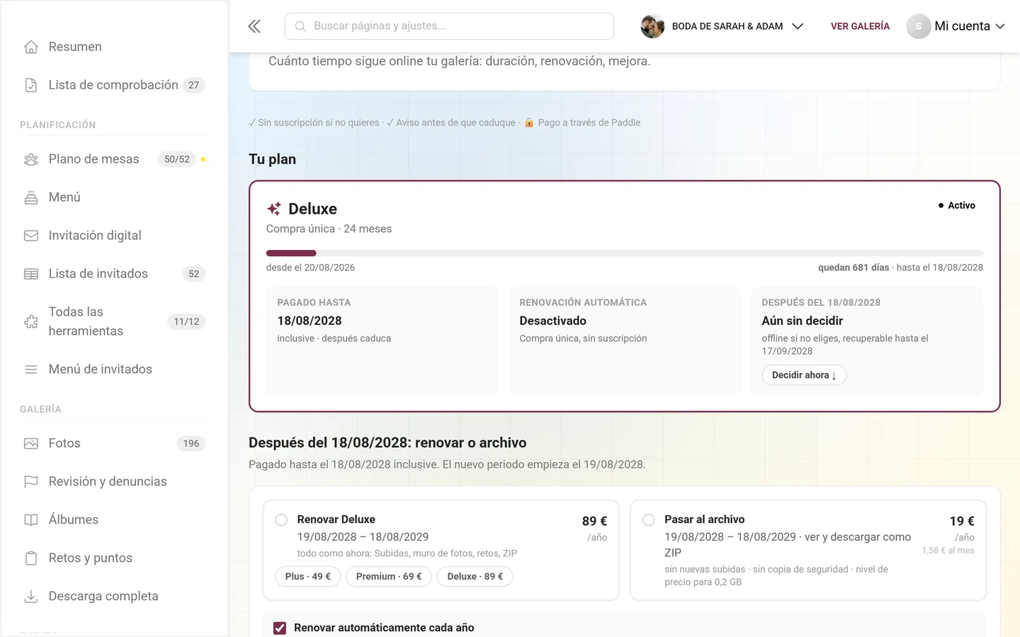 Tarjeta Tu plan con el nombre del plan, el distintivo Activo, la barra de duración y las fichas Pagado hasta, Renovación automática y Después de la fecha de fin