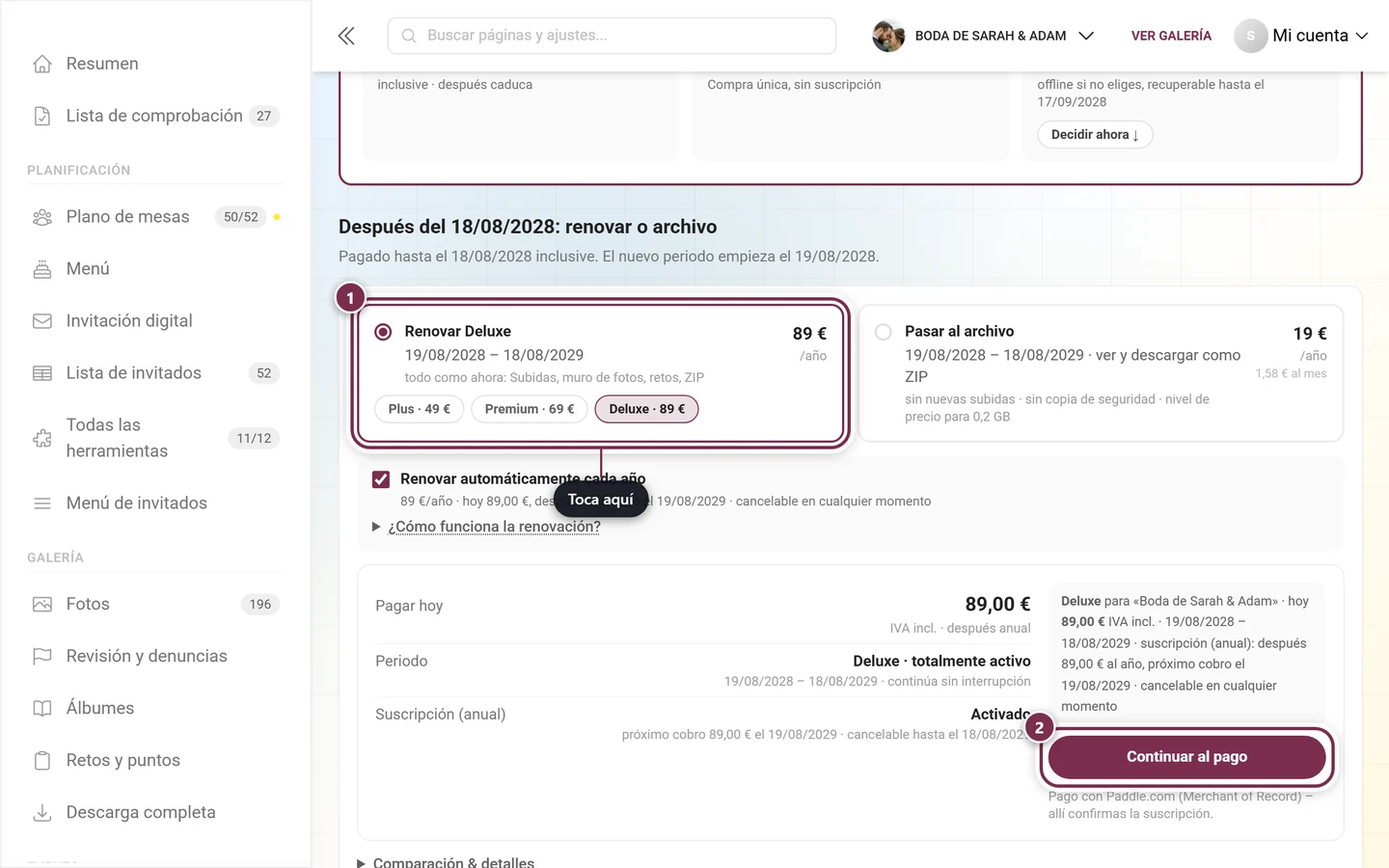 Bloque Después de la fecha: renovar o archivo con la ficha Renovar plan seleccionada, el resumen y el botón Continuar al pago