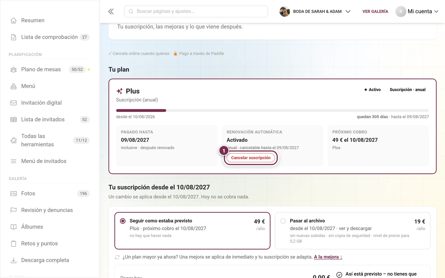 Tarjeta Tu plan con los distintivos Activo y Suscripción · anual, las fichas Renovación automática Activado y Próximo cobro, y el botón Cancelar suscripción