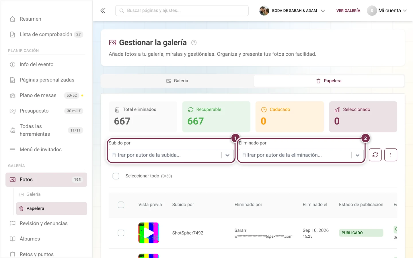 Los dos filtros de personas de la papelera, Subido por y Eliminado por destacados