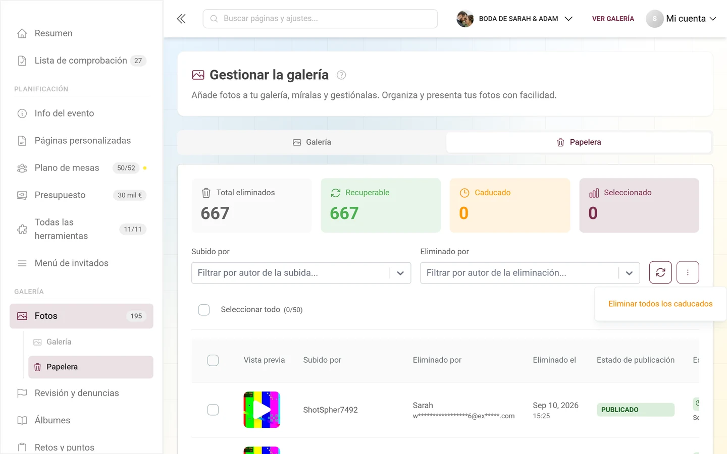 Menú de tres puntos abierto en la papelera con la opción Eliminar todos los caducados
