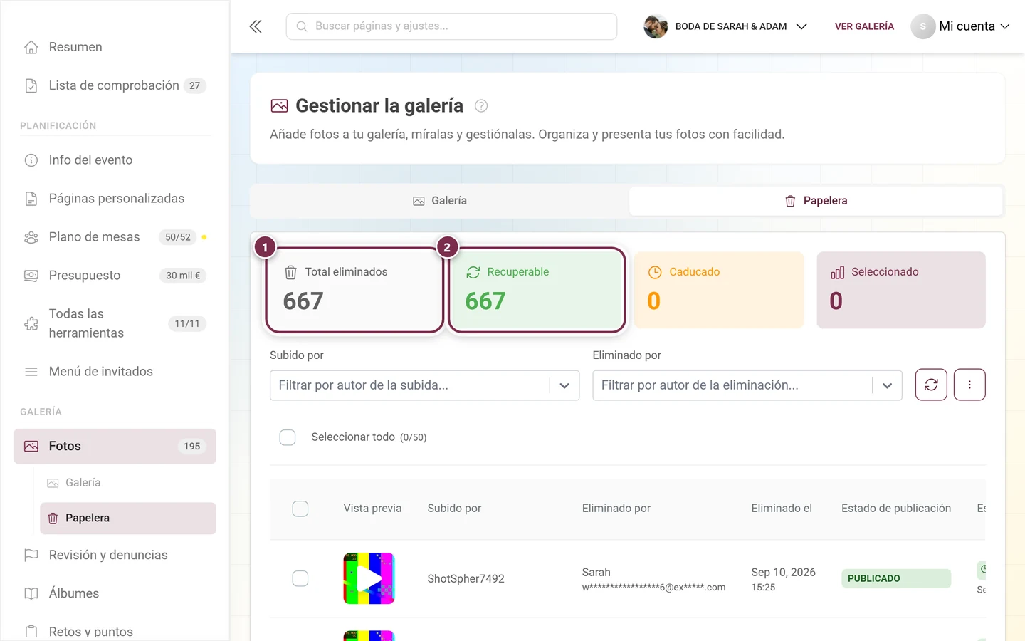 Tarjetas de estadísticas de la papelera con Total eliminados y Recuperable destacadas