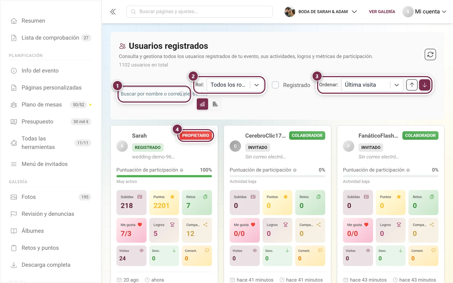 Gestión de participantes con el campo de búsqueda, el filtro de rol, la ordenación y la etiqueta de rol resaltados
