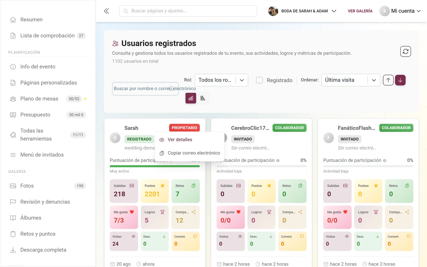 Menú contextual en una tarjeta de participante con Mostrar detalles y Copiar correo