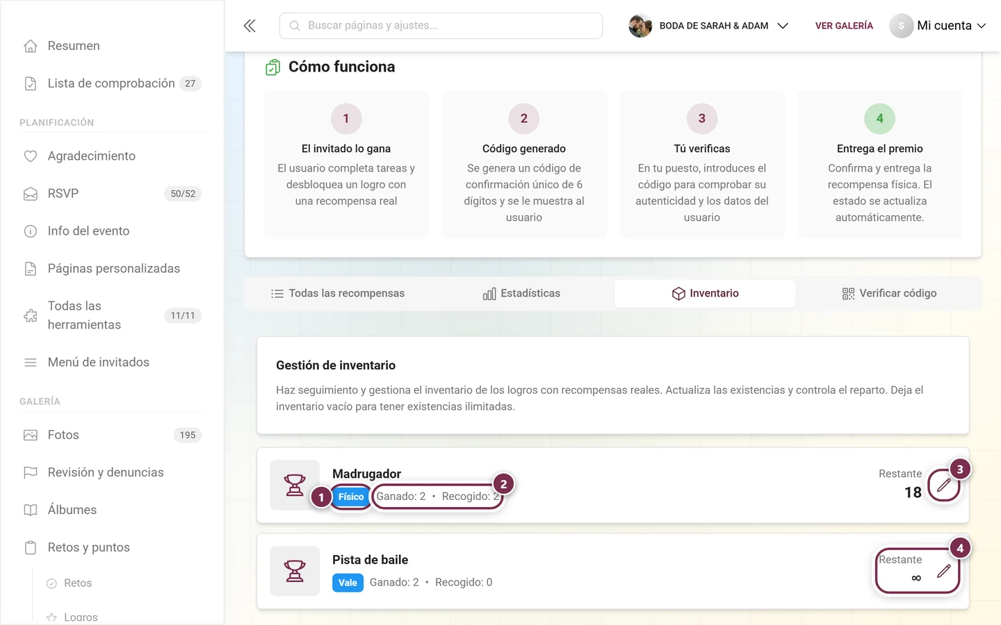 Pestaña Existencias con el chip de tipo, los contadores, el icono de lápiz y las existencias ilimitadas resaltados