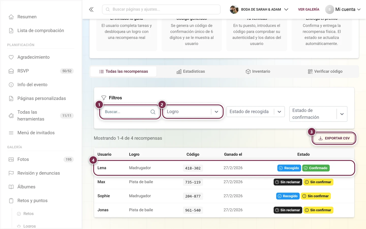 Lista de recompensas del anfitrión con ganadores y estado