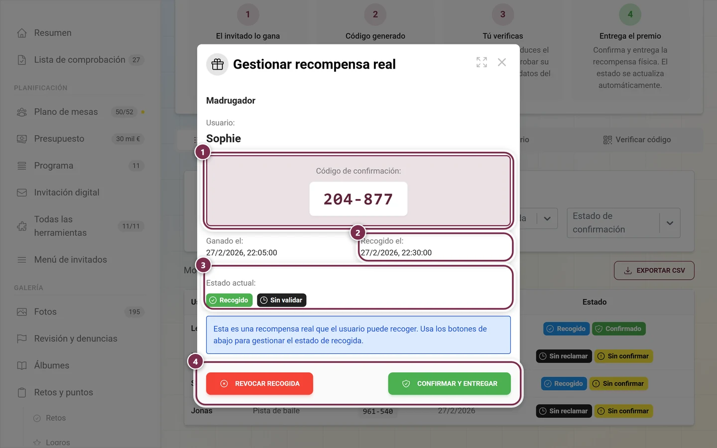 Diálogo Gestionar recompensa real con el código, la fecha de recogida, los chips de estado y los dos botones resaltados