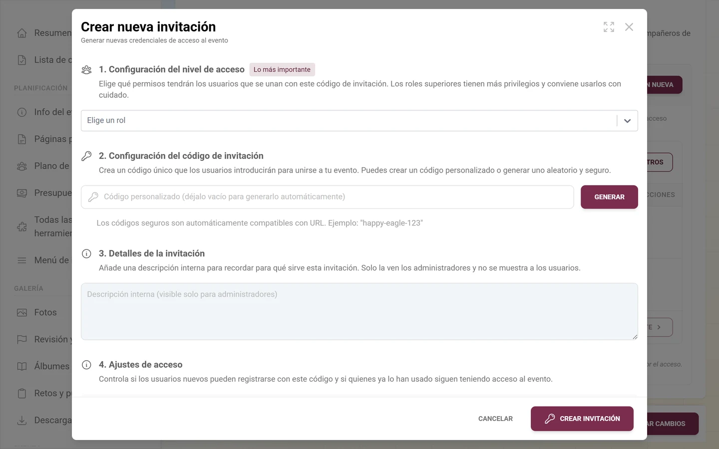 Diálogo para crear una invitación con selección de rol y código de invitación