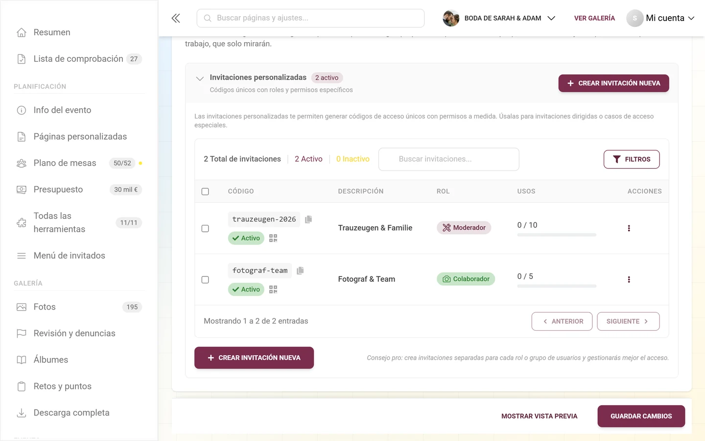 El bloque Invitaciones personalizadas con roles y permisos propios