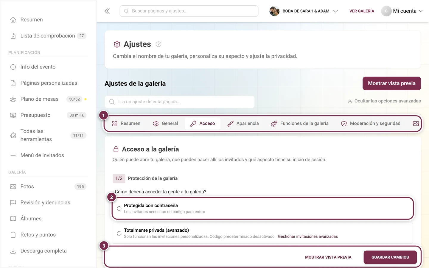 La pestaña Acceso de los ajustes de la galería con protección de la galería, Modo de galería y códigos de invitación