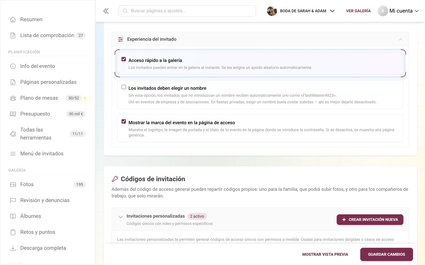 Bloque desplegable Experiencia del invitado abierto con las casillas Acceso rápido a la galería, Los invitados deben elegir un nombre y Mostrar la marca del evento en la página de acceso