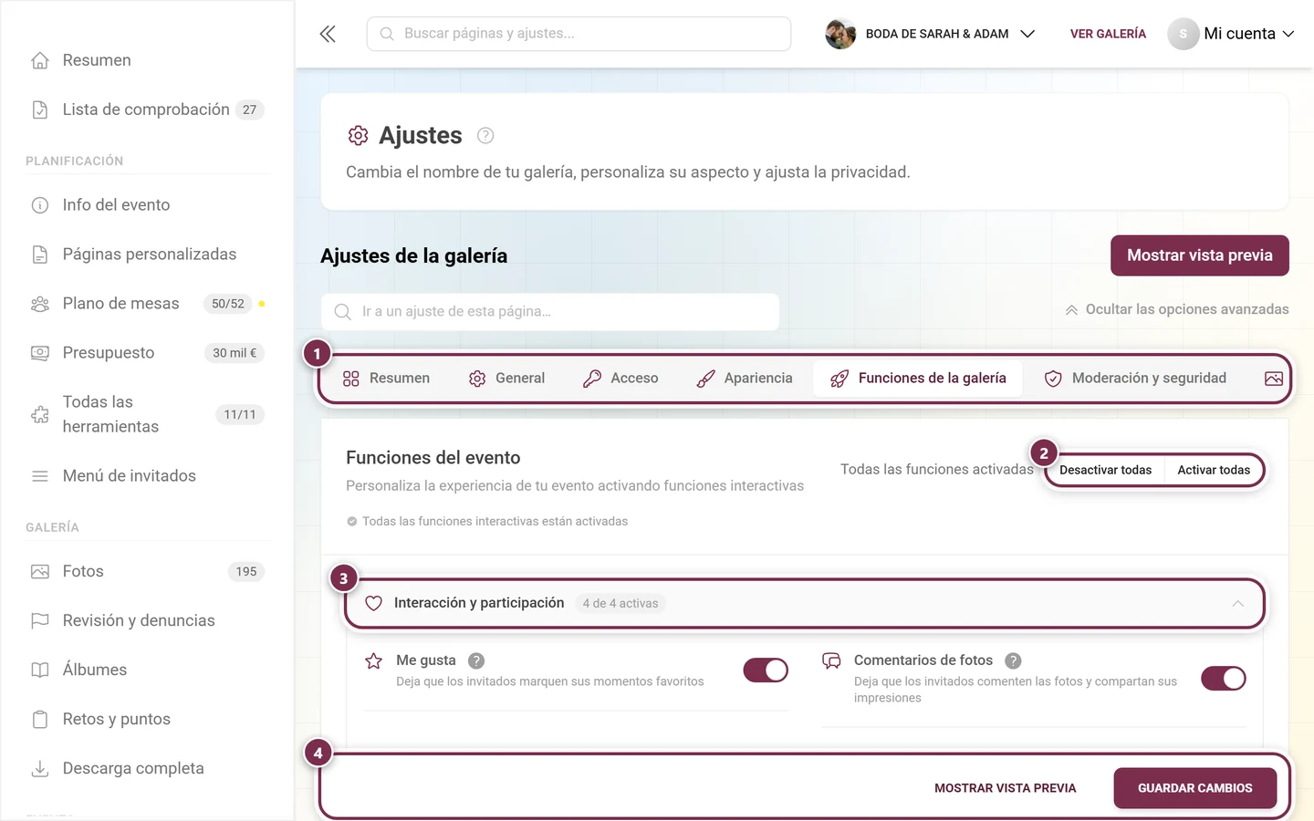 Pestaña Funciones de la galería en los ajustes del evento con los interruptores de me gusta y comentarios