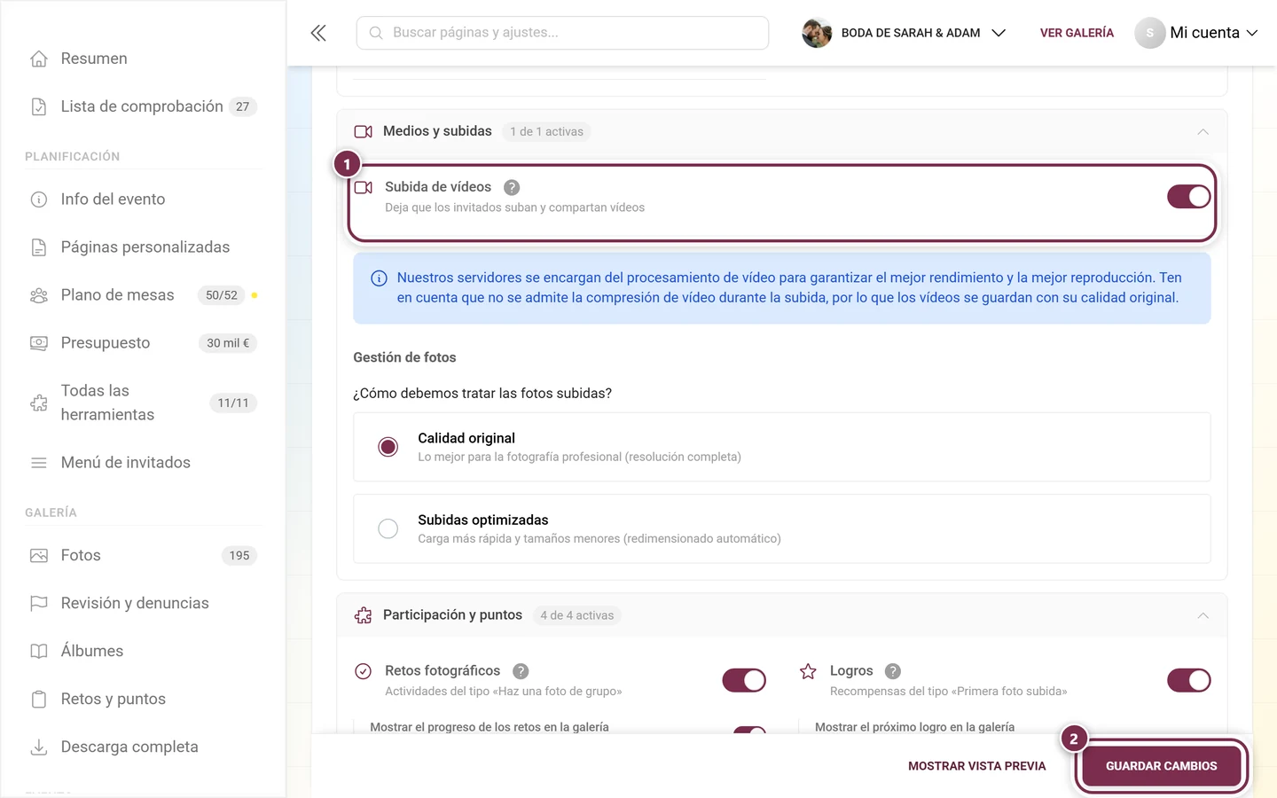 Tarjeta de función Subida de vídeos con el interruptor y la barra de guardado señalados