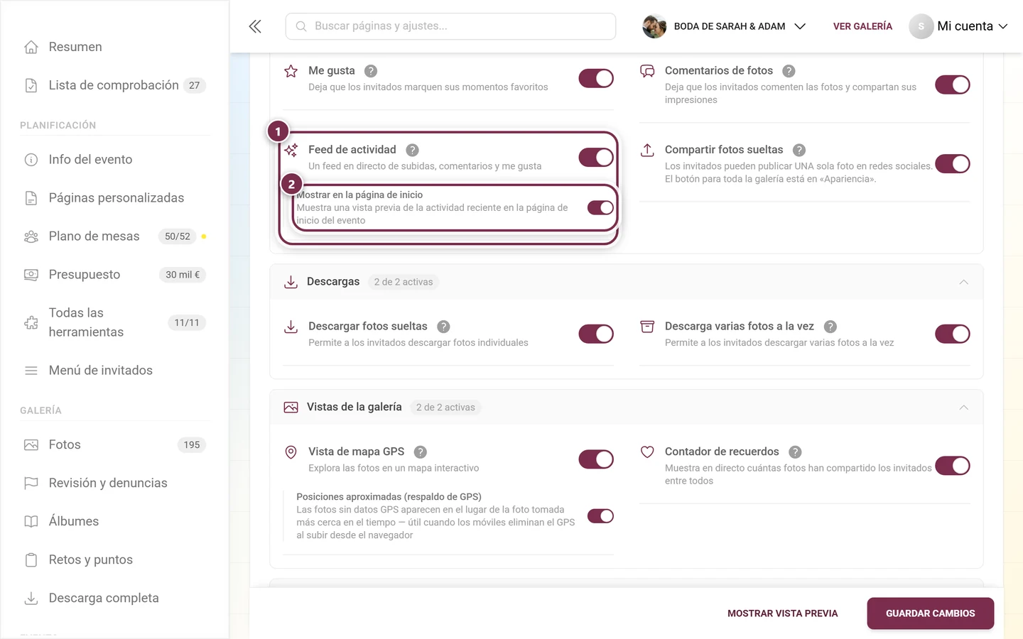Ajustes de funciones con la tarjeta Feed de actividad resaltada y el interruptor secundario Mostrar en la página de inicio