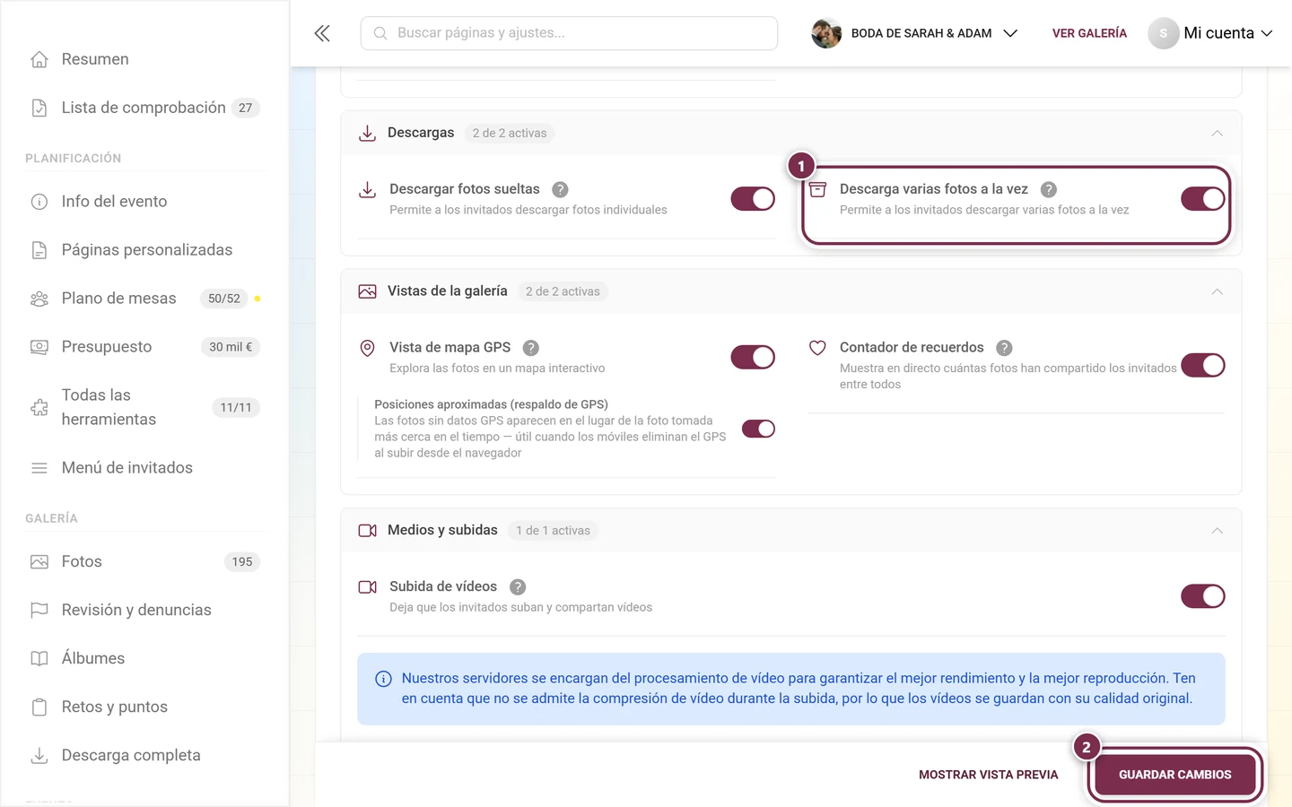 Tarjeta de función para la descarga múltiple con el interruptor y la barra de guardado señalados
