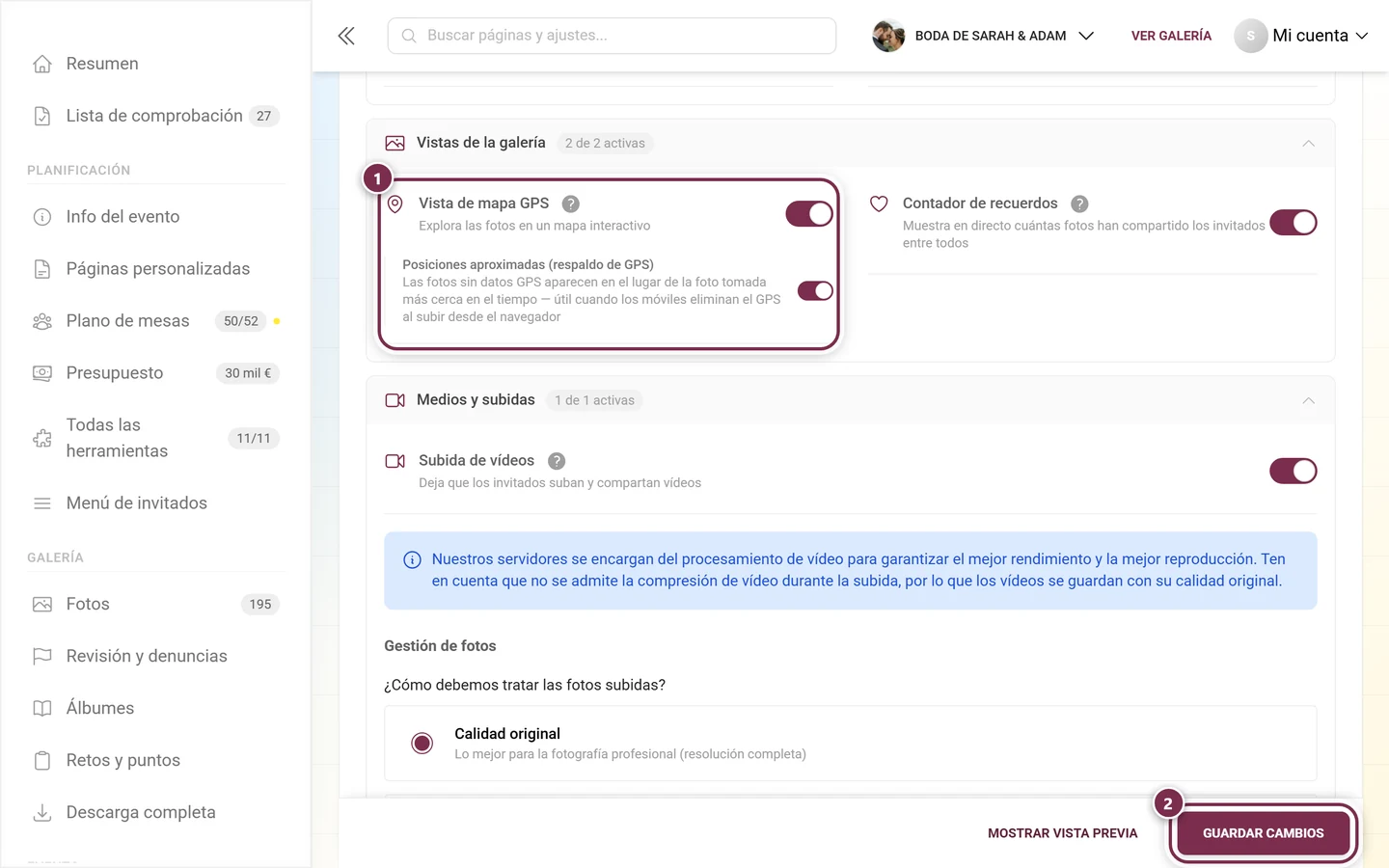 Tarjeta de función Vista de mapa GPS con el interruptor y la barra de guardado señalados