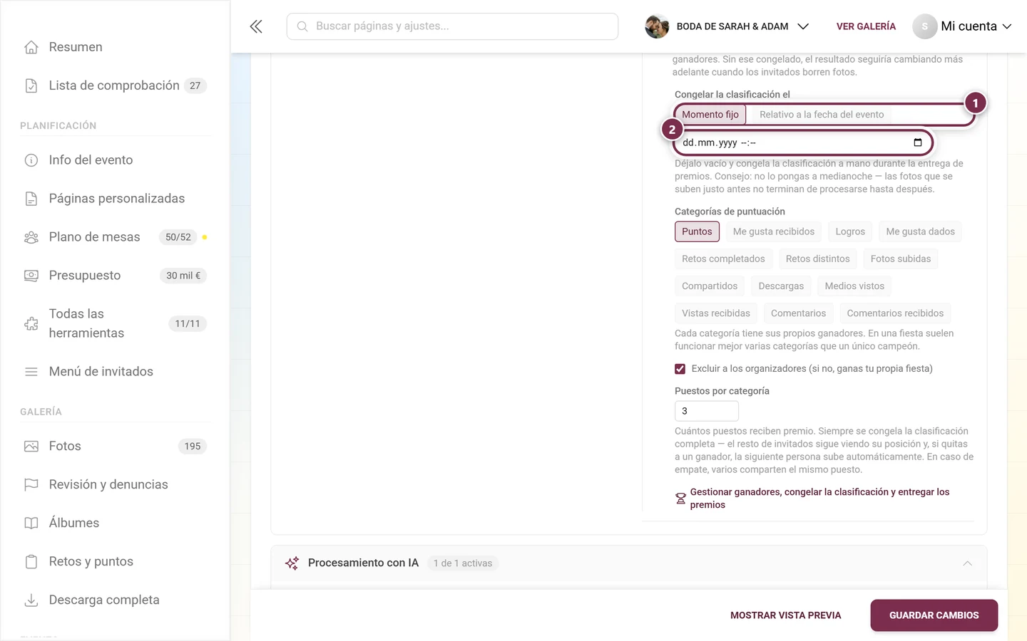 Los dos modos Momento fijo y Relativo a la fecha del evento con el campo de fecha debajo
