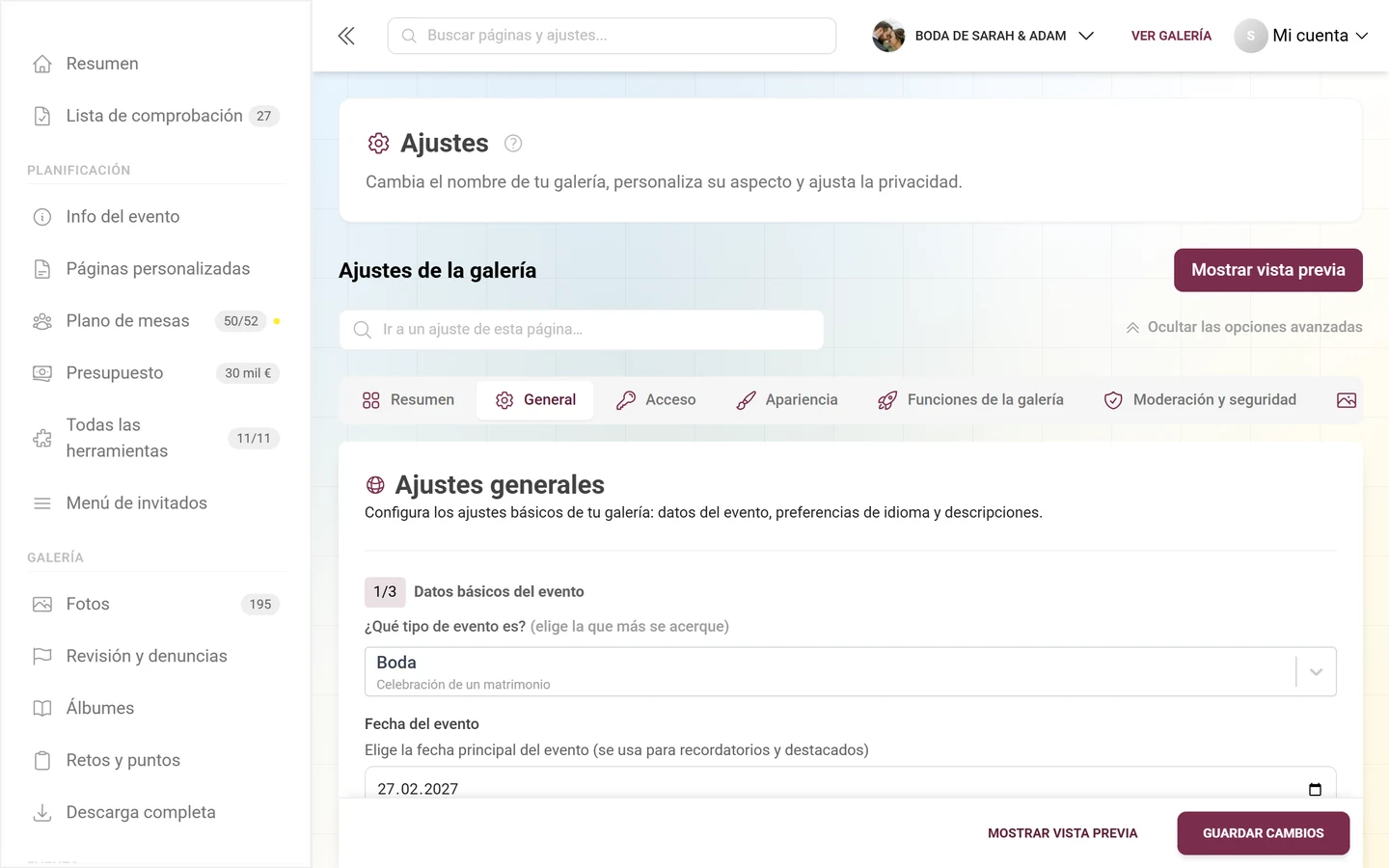 La pestaña General de los ajustes de la galería con los apartados Datos básicos del evento, Configuración de idiomas y Contenido de la galería