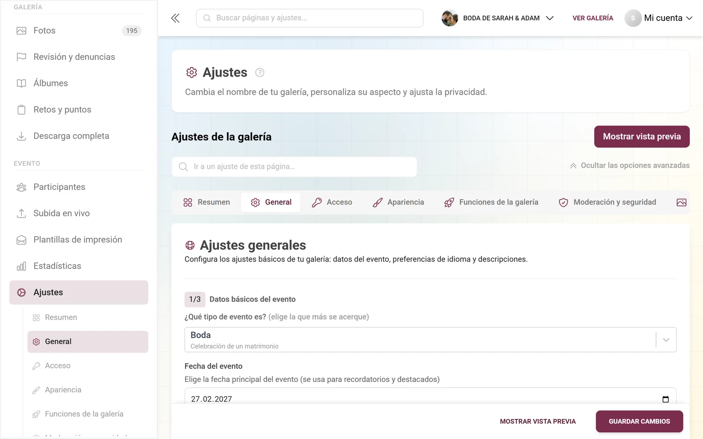 Apartado 3/3 Contenido de la galería con el selector de idioma, el título de la galería y la descripción