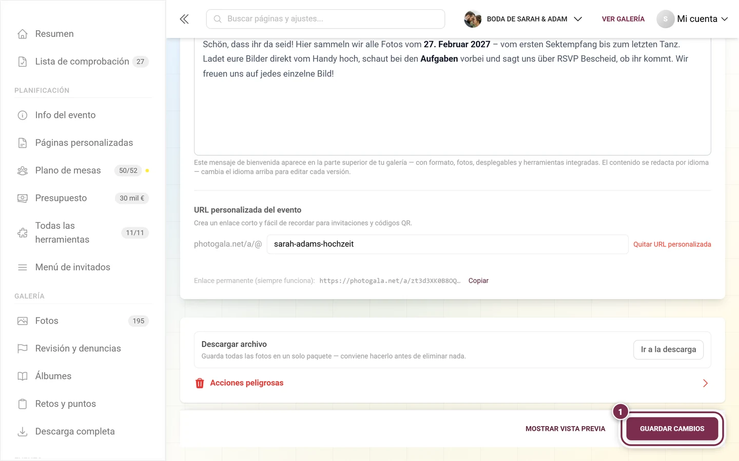 Barra de guardado fija en la parte inferior de los ajustes
