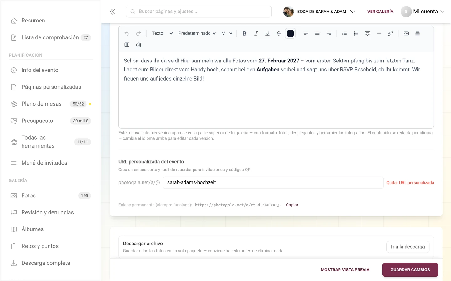 URL personalizada del evento con su campo de entrada y el enlace permanente debajo