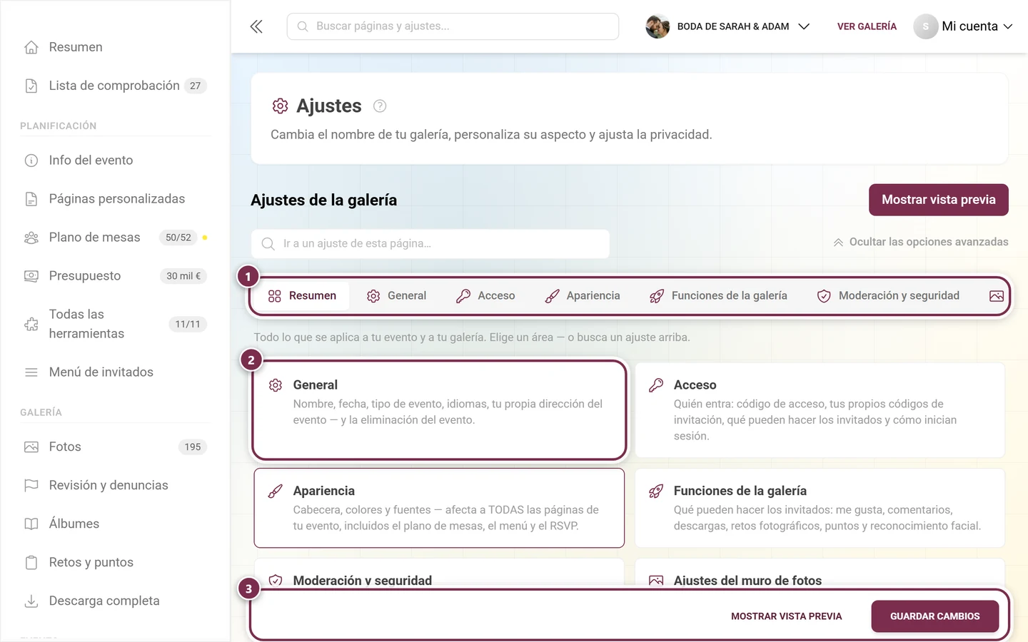 La pestaña Resumen de los ajustes de la galería con una tarjeta por apartado