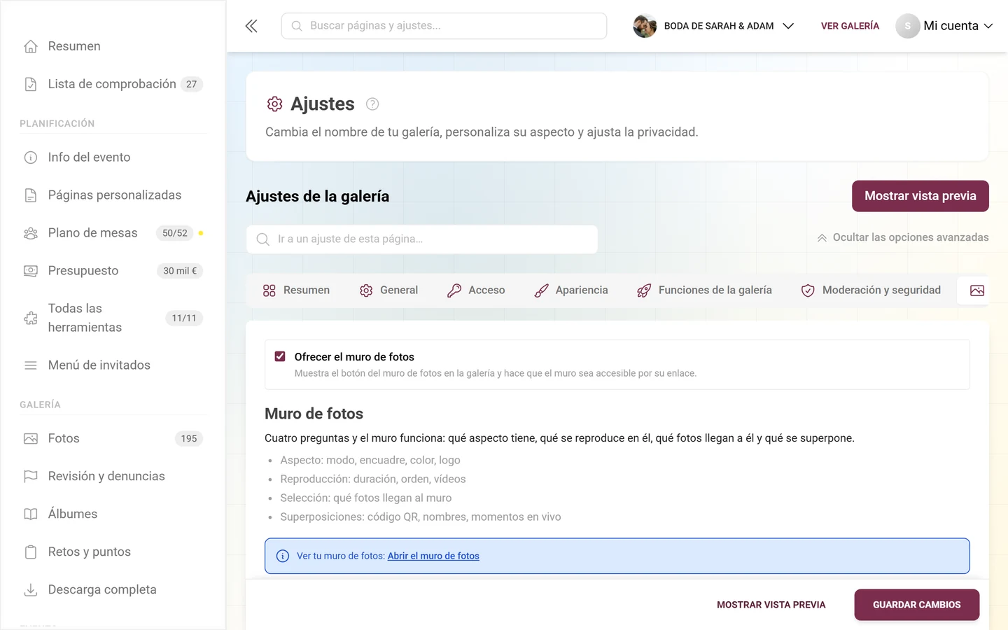 Los ajustes del muro de fotos en el panel de administración