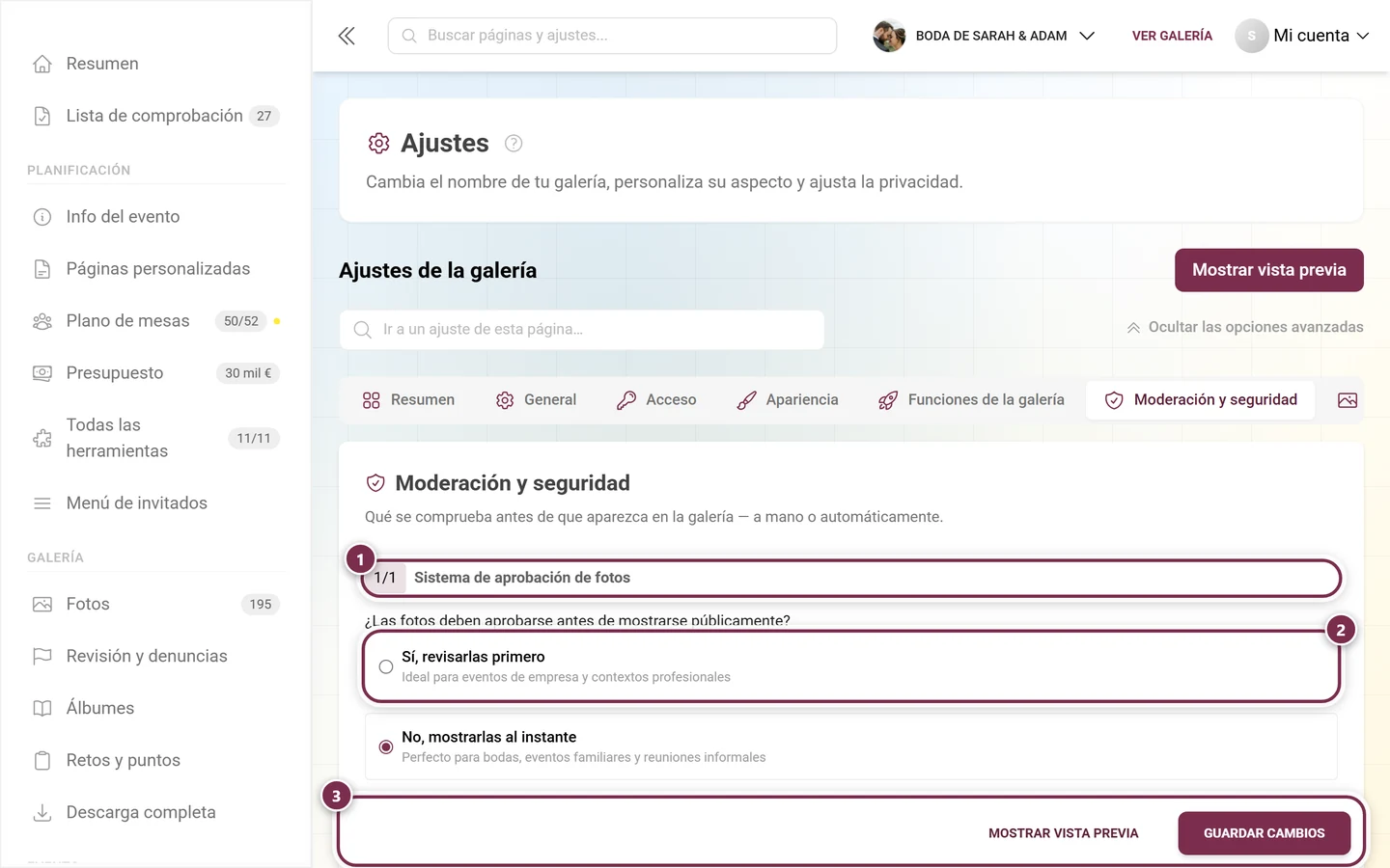 Pestaña de ajustes Moderación y seguridad con el interruptor del filtro de contenido