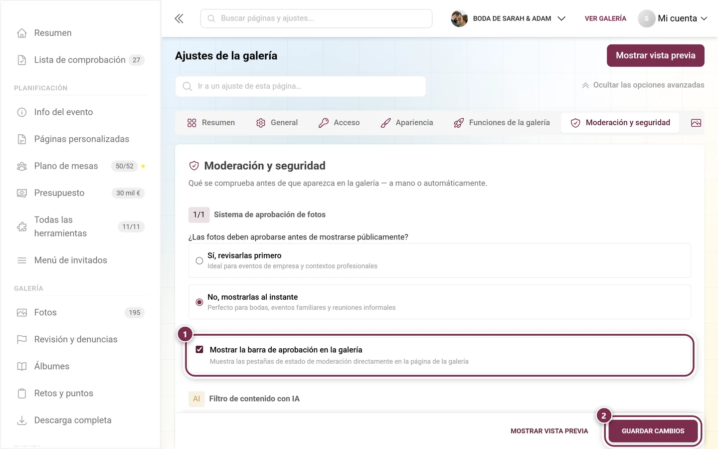 Tarjeta Mostrar la barra de aprobación en la galería con el interruptor y la barra de guardado marcados