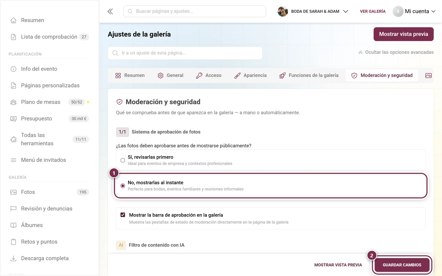 Ajustes, pestaña Moderación y seguridad, con la pregunta sobre la aprobación de fotos y la barra de guardado