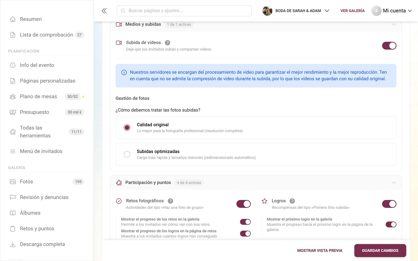 El bloque de calidad de imagen dentro del apartado Medios y subidas