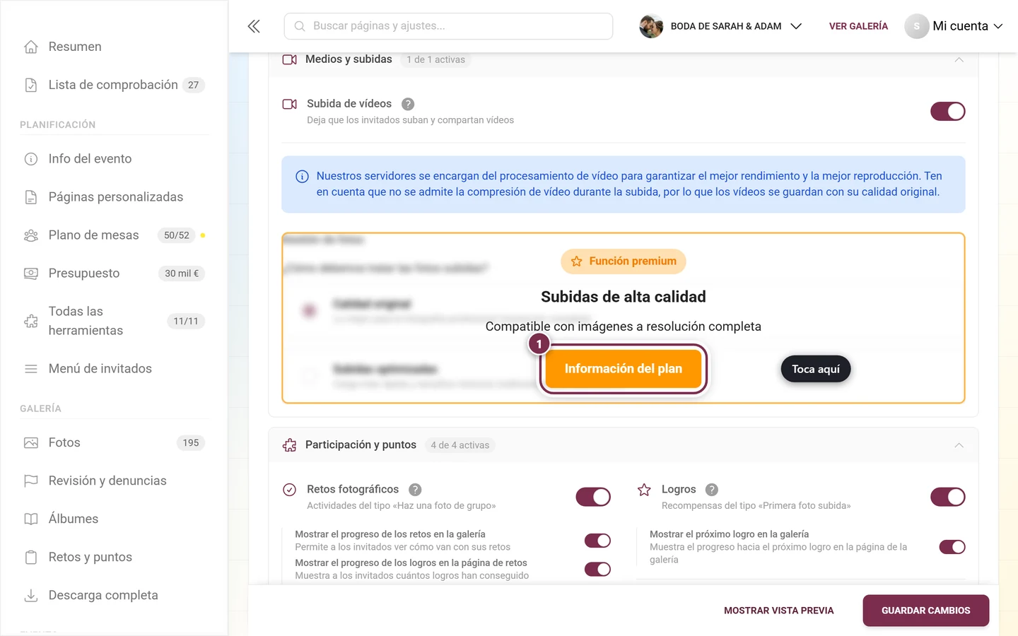 Bloque Gestión de fotos cubierto por un aviso naranja de mejora de plan, el botón resaltado