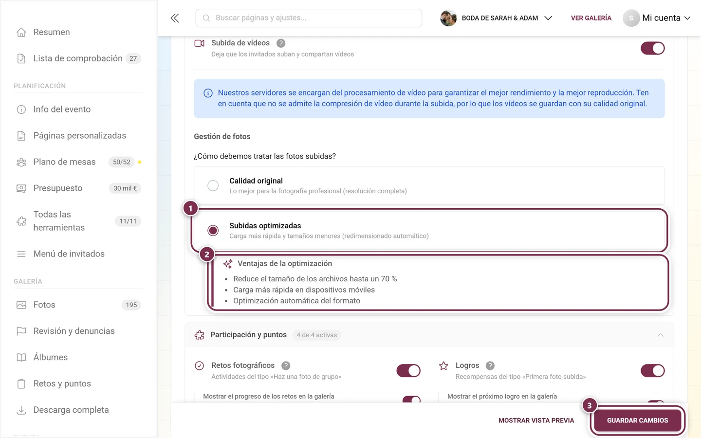 Subidas optimizadas seleccionada, debajo el cuadro desplegado Ventajas de la optimización, abajo la barra de guardado
