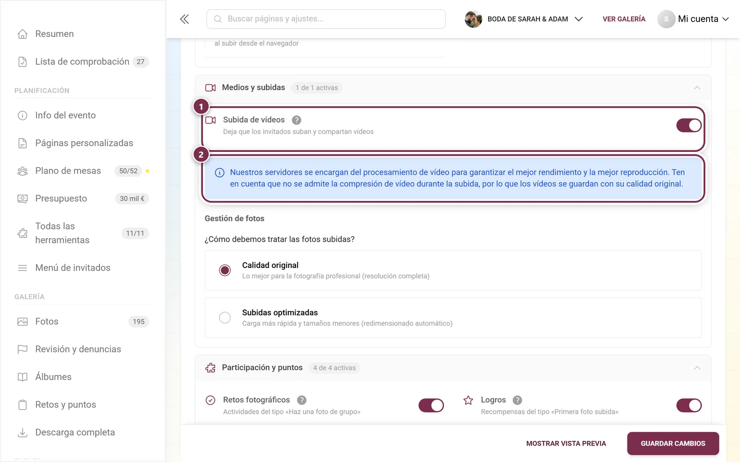 Interruptor de subida de vídeos y, debajo, el aviso azul sobre el procesamiento de vídeo, ambos resaltados