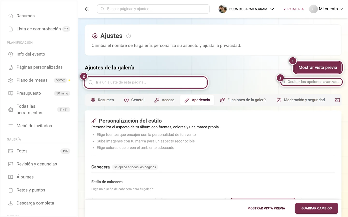 Ajustes de aspecto con logo, colores e imagen de portada