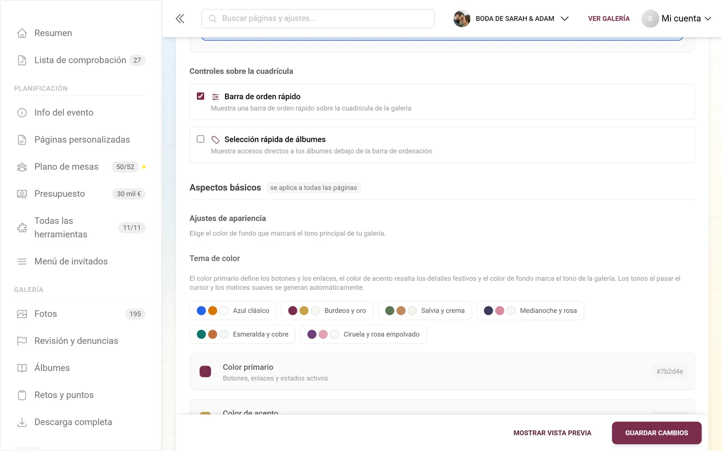 Bloque Ajustes de apariencia con seis paletas de color y color primario y de acento