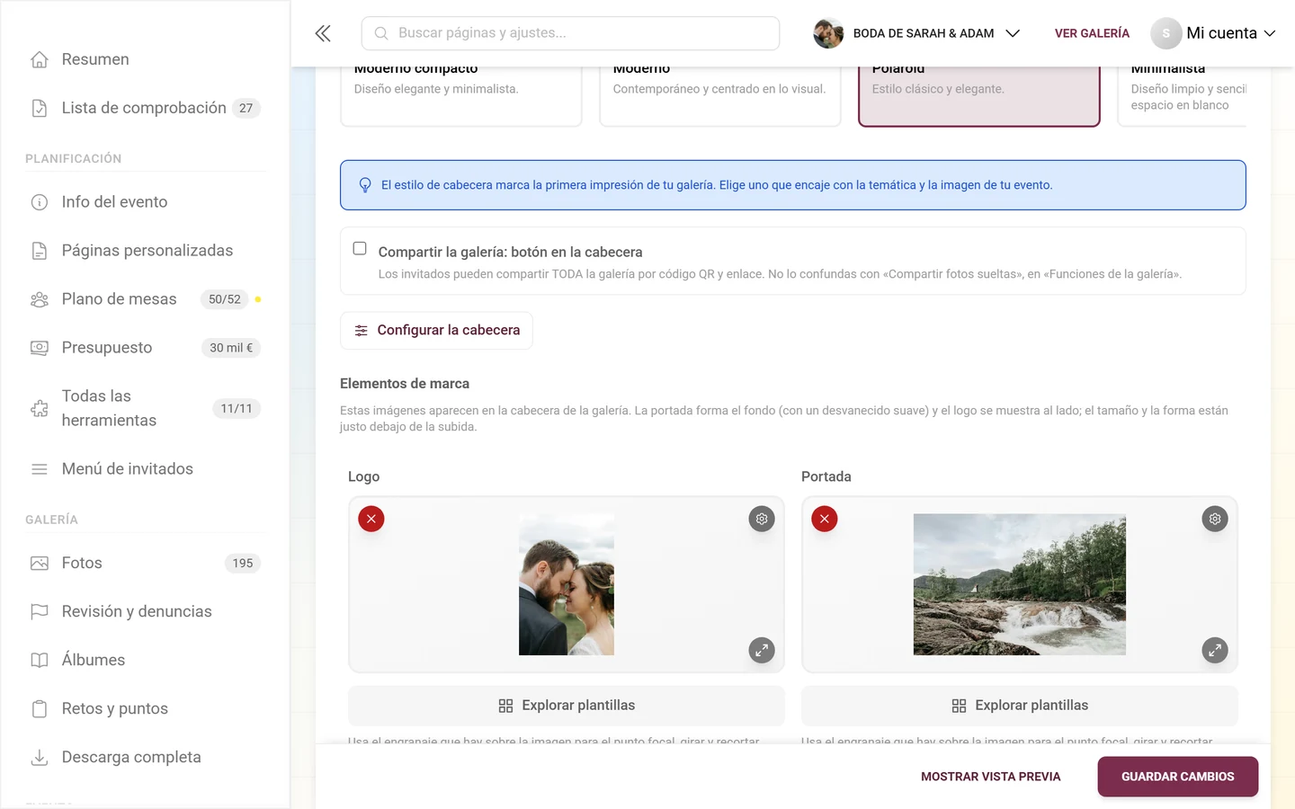 Casilla Compartir la galería, botón Configurar la cabecera y los campos vacíos de subida de Logo e Imagen de portada