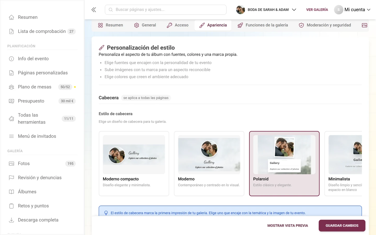 Bloque Estilo de cabecera con las tarjetas de vista previa Moderno compacto, Moderno, Polaroid y Minimalista