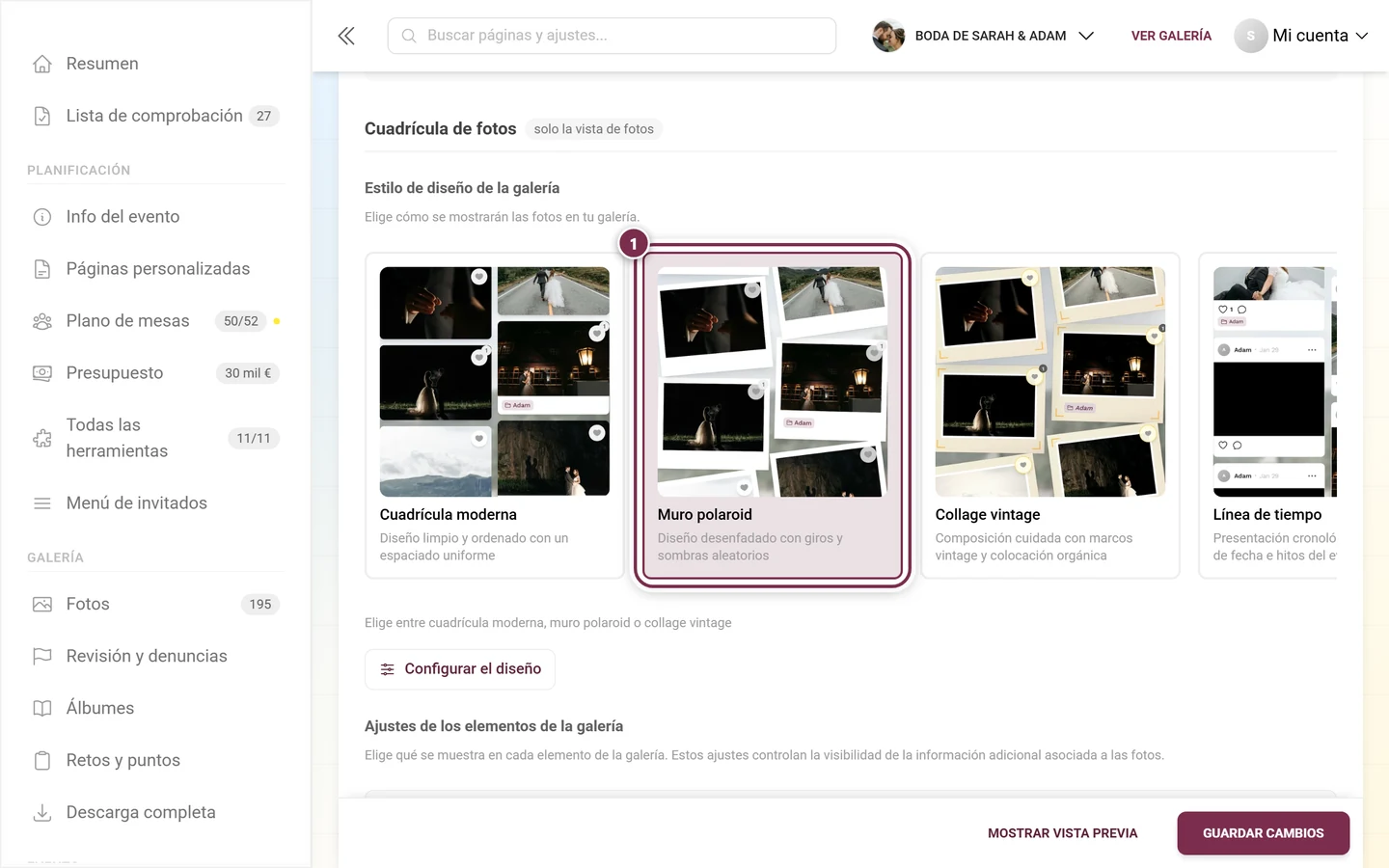 Selector de diseño de la galería con la ficha activa resaltada
