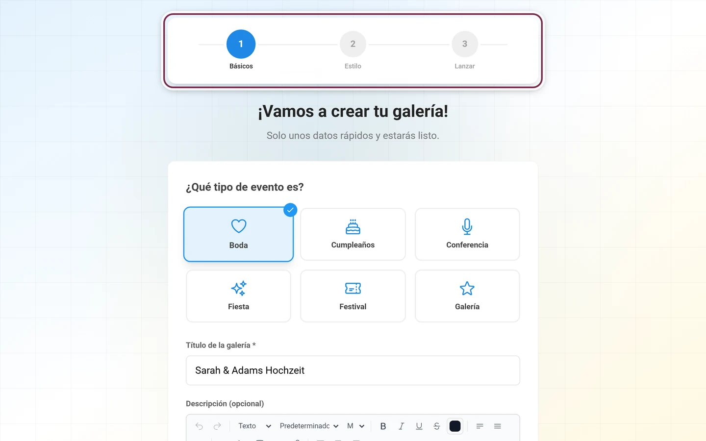 Pantalla de inicio del asistente de configuración con el indicador de pasos encima del formulario